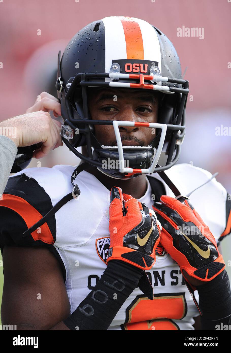 25 OCT 2014: Oregon State Beavers wide receiver Victor Bolden has his face  mask tightened on his helmet before the start of a NCAA football game  between the Oregon State Beavers and