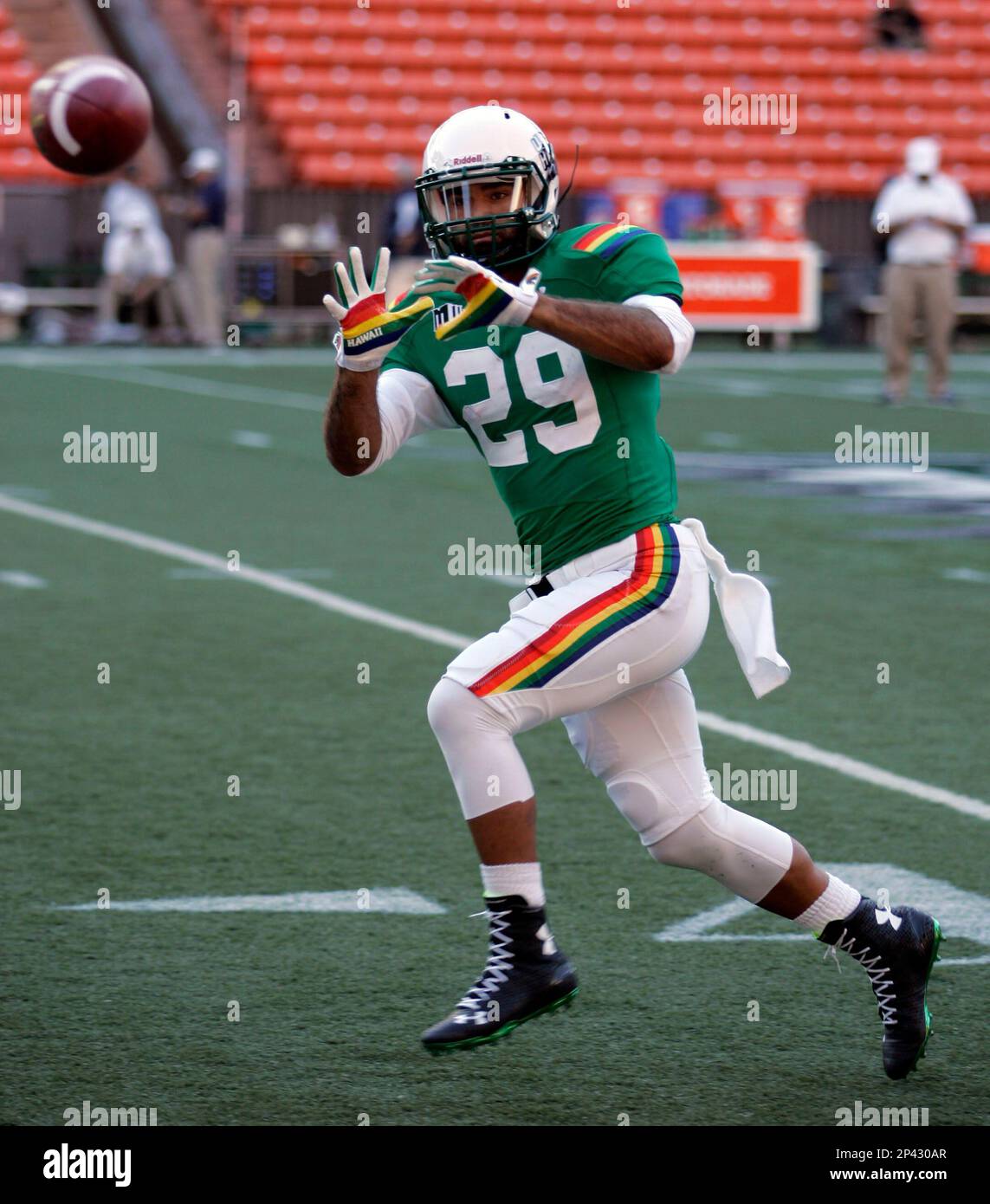 October 25, 2014 - Hawaii Rainbow Warriors wide receiver Scott Harding (29)  prior to during action between the Hawaii Rainbow Warriors and the Nevada  Wolf Pack on Hawaiian Airlines Field at Aloha, image size:1143x1390