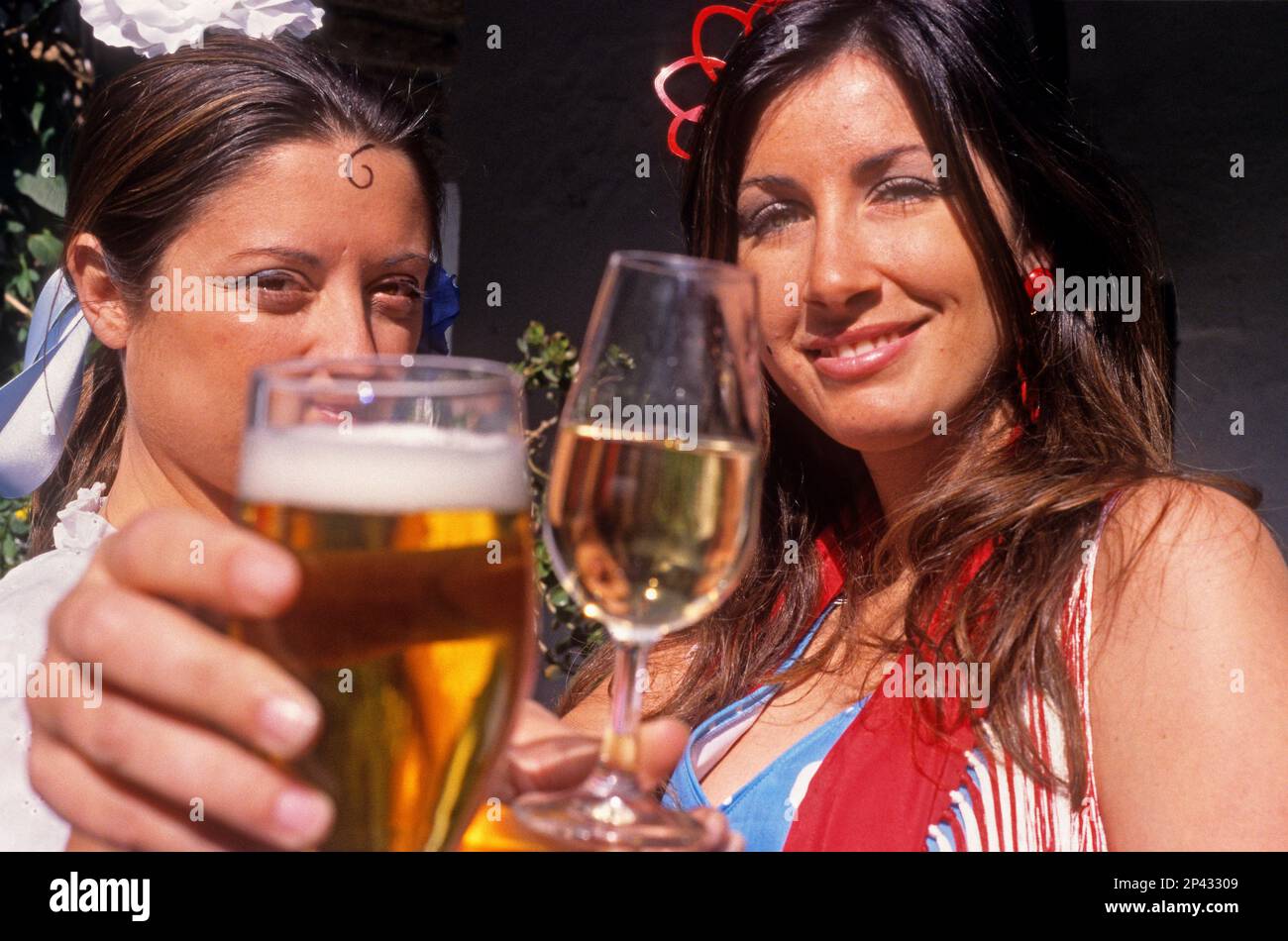 Córdoba.Andalusia. Spain: Portrait of women wearing traditional suit during the May Fair Stock Photo