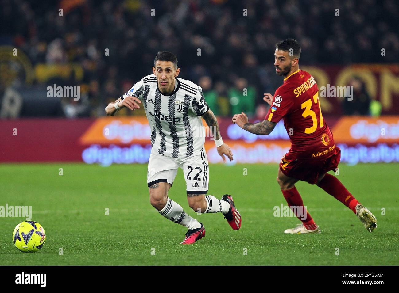 Angel Di Maria of Juventus (L) in action with Leonardo Spinazzola of Roma (R) during the Italian championship Serie A football match between AS Roma and Juventus FC on March 5, 2023 at Stadio Olimpico in Rome, Italy - Photo: Federico Proietti / DPPI/LiveMedia Stock Photo