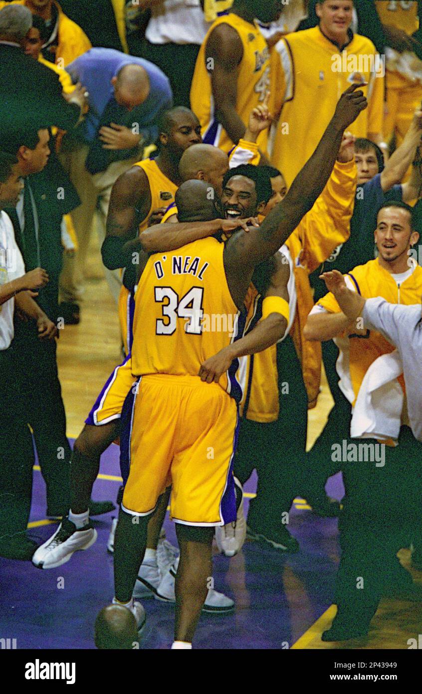 June 19, 2000; Kobe Bryant and Shaquille O'Neal of the Los Angeles Lakers  during the