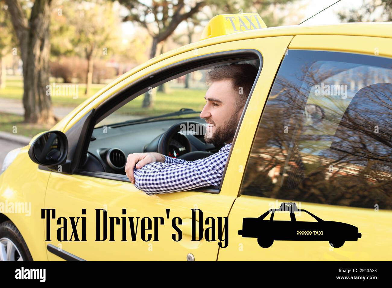 Banner for International Taxi Driver Day with handsome man in yellow