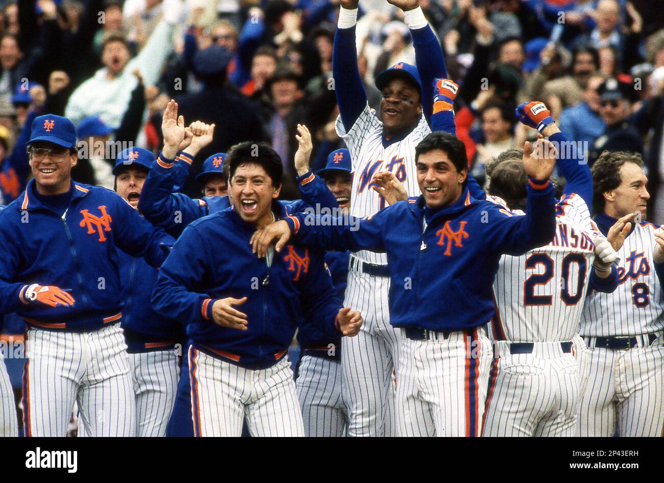 New York Mets l-r: Ed Hearn, Jesse Orosco, Darryl Strawberry, Lee Mazzilli,  Howard Johnson and Gary Carter celebrate Lenny Dykstra's walk-off home run  in Game 3 of the National League Championship Series