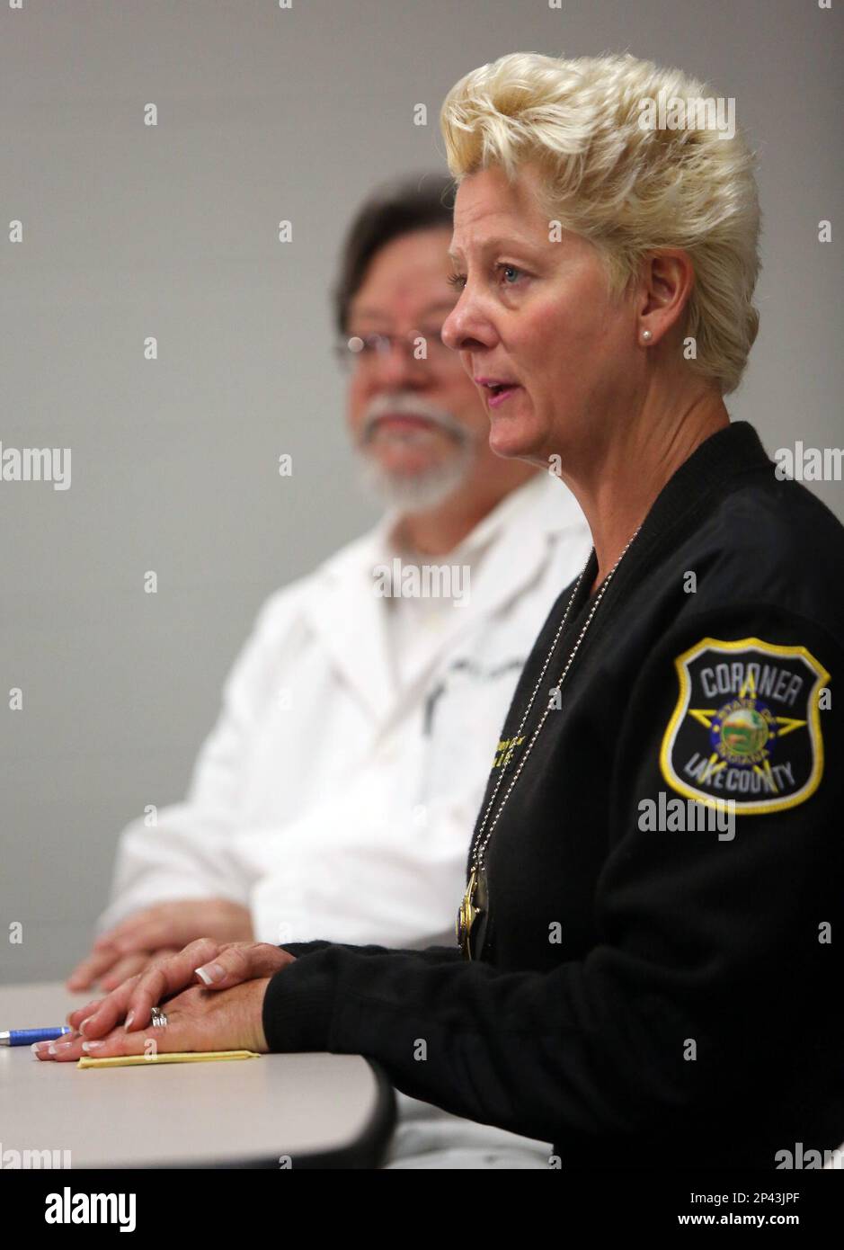 Lake County Coroner Merrilee Frey, speaks during a news conference 