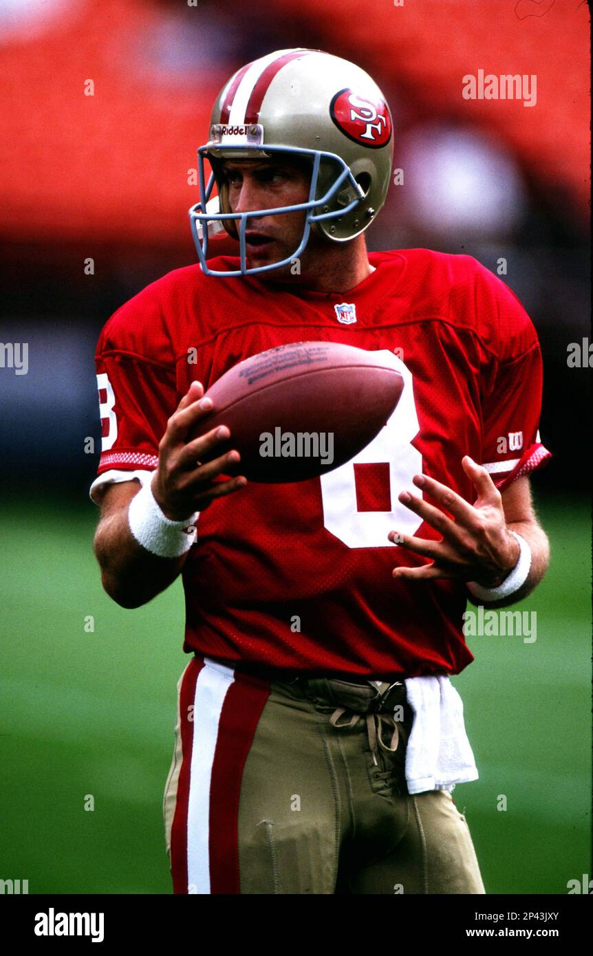 Steve Young #8 of the San Francisco 49ers during pre-game warm-ups