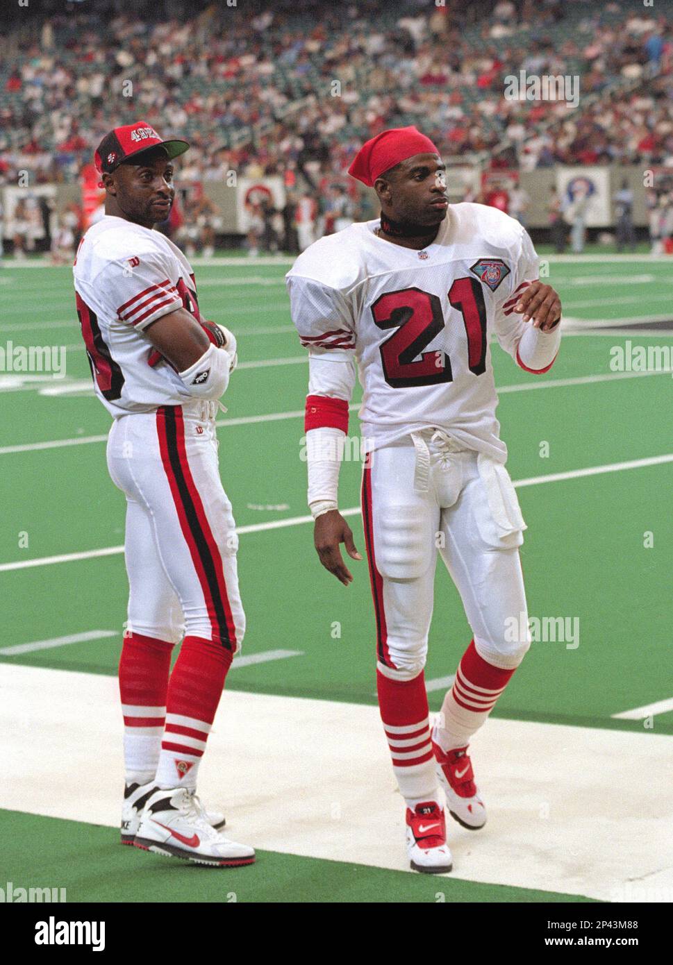 FILE: Jerry Rice (80) and Deion Sanders (21) of the San Francisco