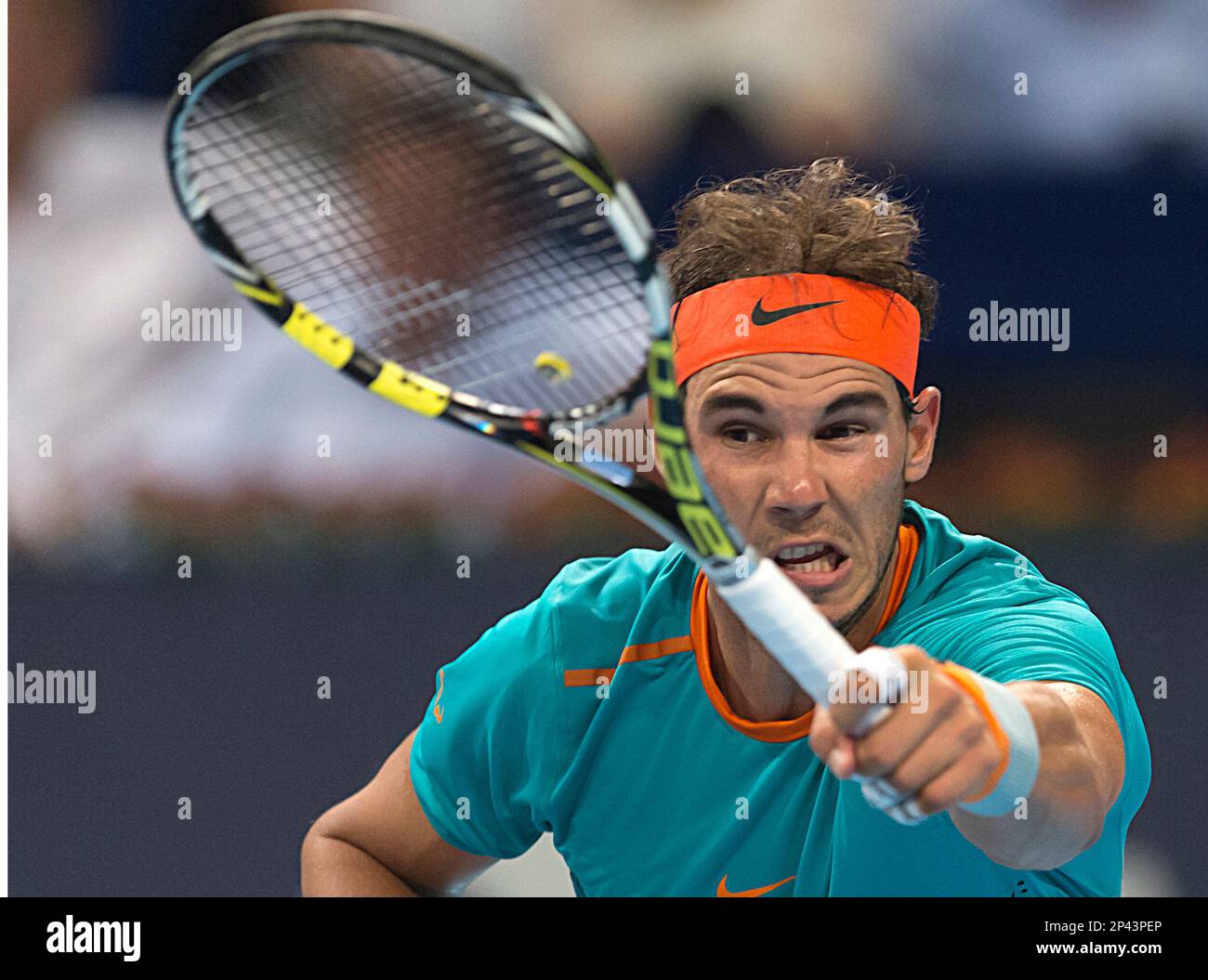 Spain's Rafael Nadal returns a ball to Italy's Simone Bolelli during their  first round match at the Swiss Indoors tennis tournament at the St.  Jakobshalle in Basel, Switzerland, on Monday, Oct. 20,