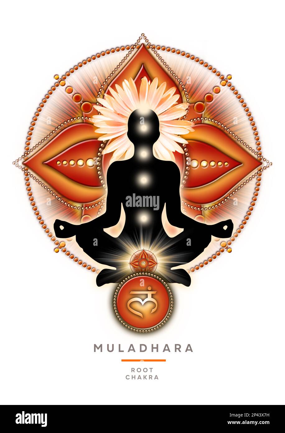 Root chakra meditation in yoga lotus pose, in front of muladhara chakra symbol. Stock Photo