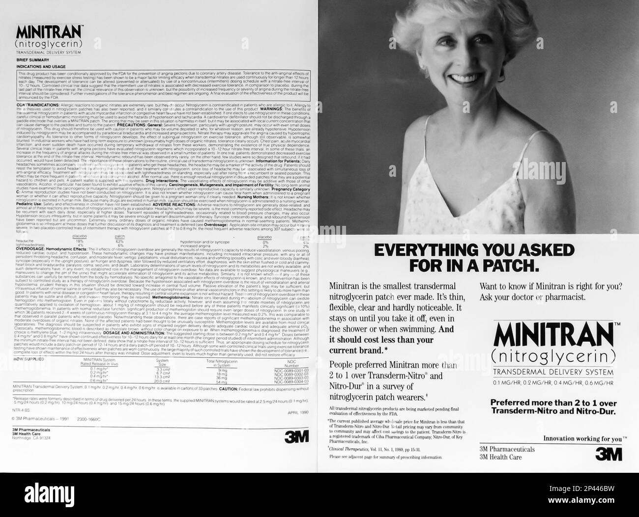 Minitran nitroglycerin - transdermal delivery system -  advert in a Natgeo magazine May 1991 Stock Photo