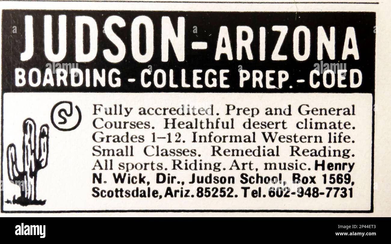 Judson Arizona boarding school, coed, college prep advert in a Natgeo magazine June 1971 Stock Photo
