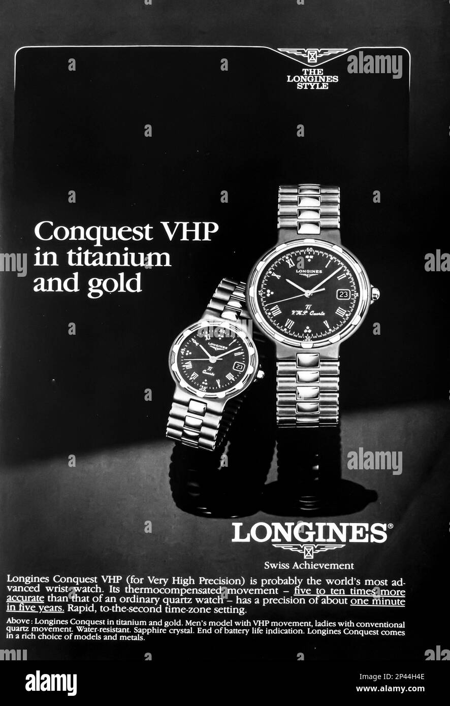 Longines Conquest VHP advert in a Natgeo magazine May 1988 Stock Photo