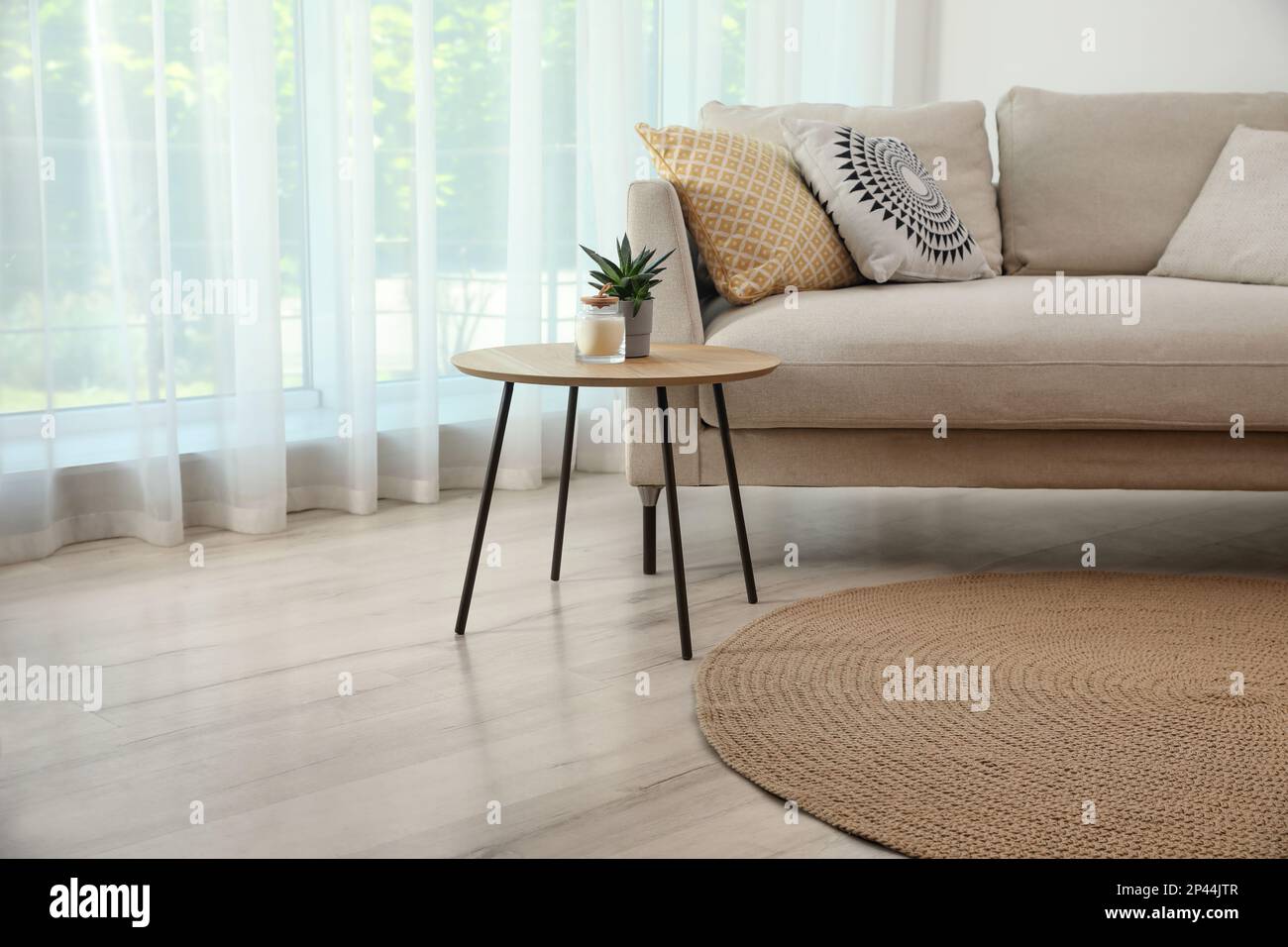 Living room interior with comfortable sofa and stylish round rug Stock