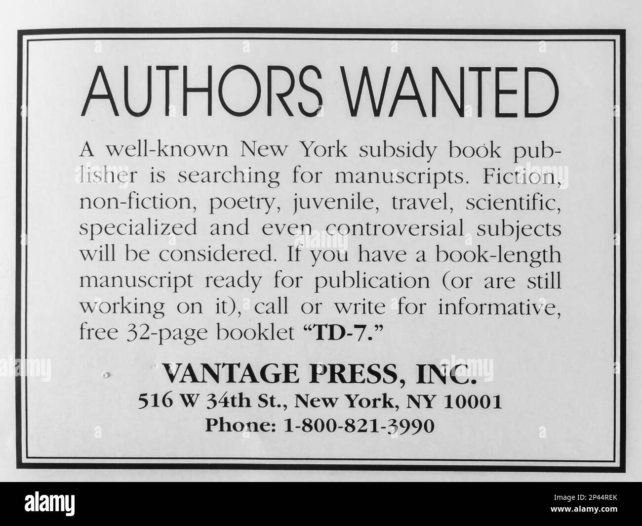 Vantage Press Authors wanted advert in a Natgeo magazine May 2000 Stock Photo