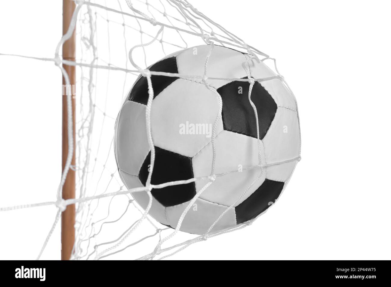 Soccer ball in net on white background Stock Photo Alamy