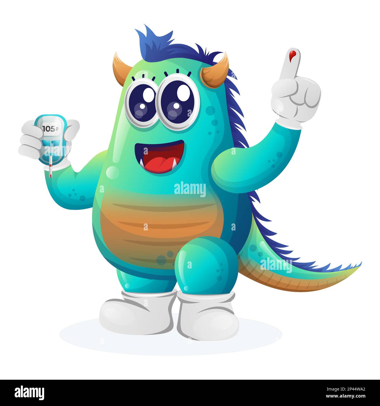 Cute blue monster holding a blood glucose meter. Perfect for kids, small business or e-Commerce, merchandise and sticker, banner promotion, blog or vl Stock Vector
