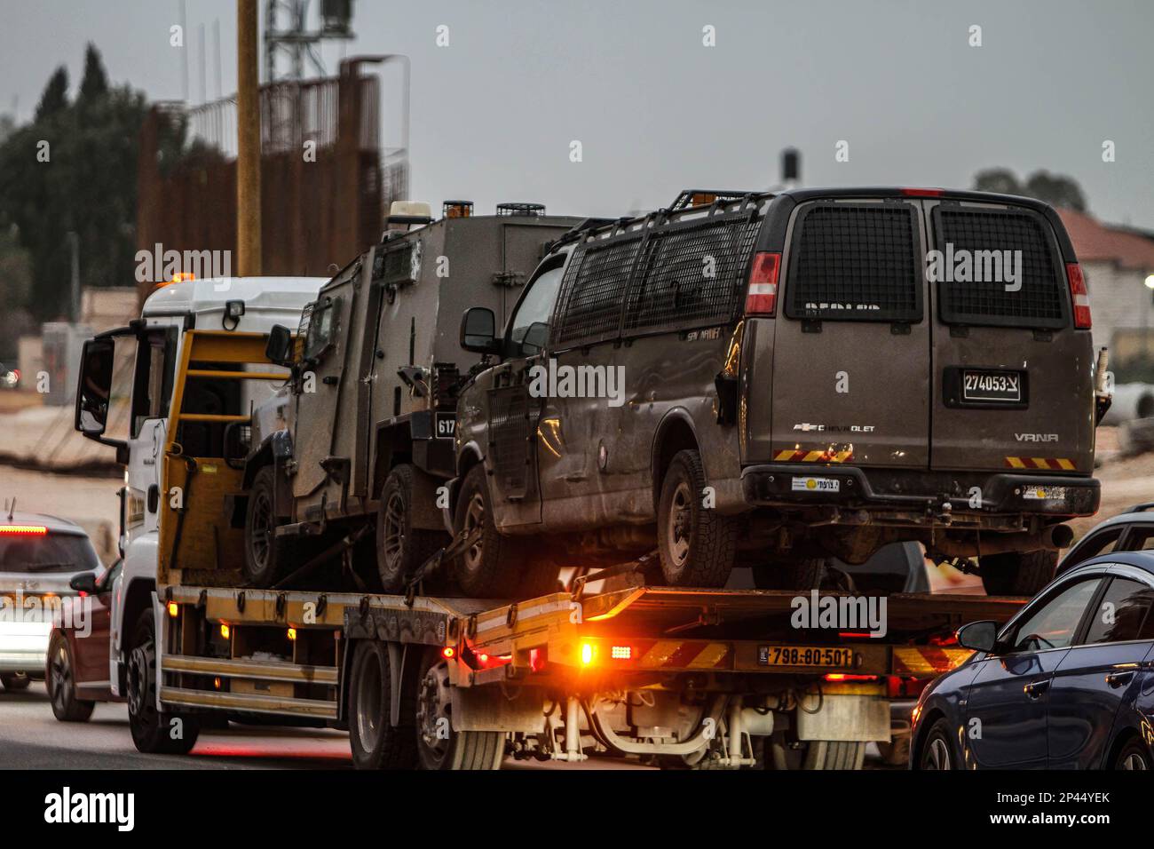 Nablus, Palestine. 05th Mar, 2023. An Israeli truck is seen carrying two Israeli army military