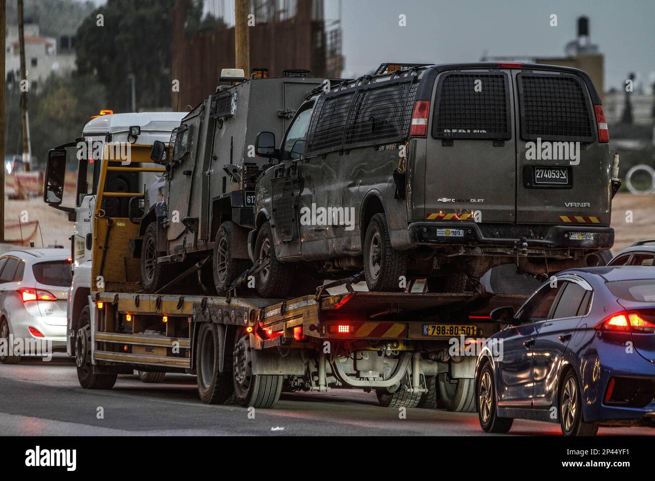 Nablus, Palestine. 05th Mar, 2023. An Israeli truck is seen carrying two Israeli army military
