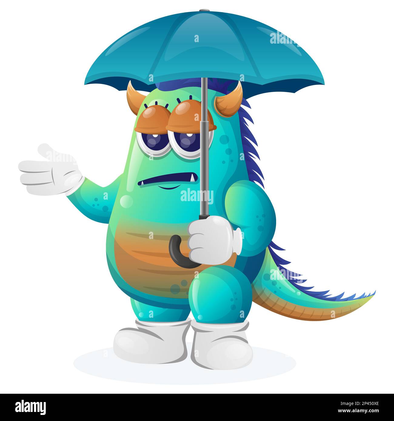 Cute blue monster holding umbrella with boblue expression. Perfect for kids, small business or e-Commerce, merchandise and sticker, banner promotion, Stock Vector