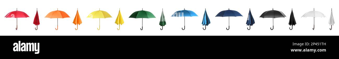 Set with different stylish umbrellas on white background. Banner design Stock Photo