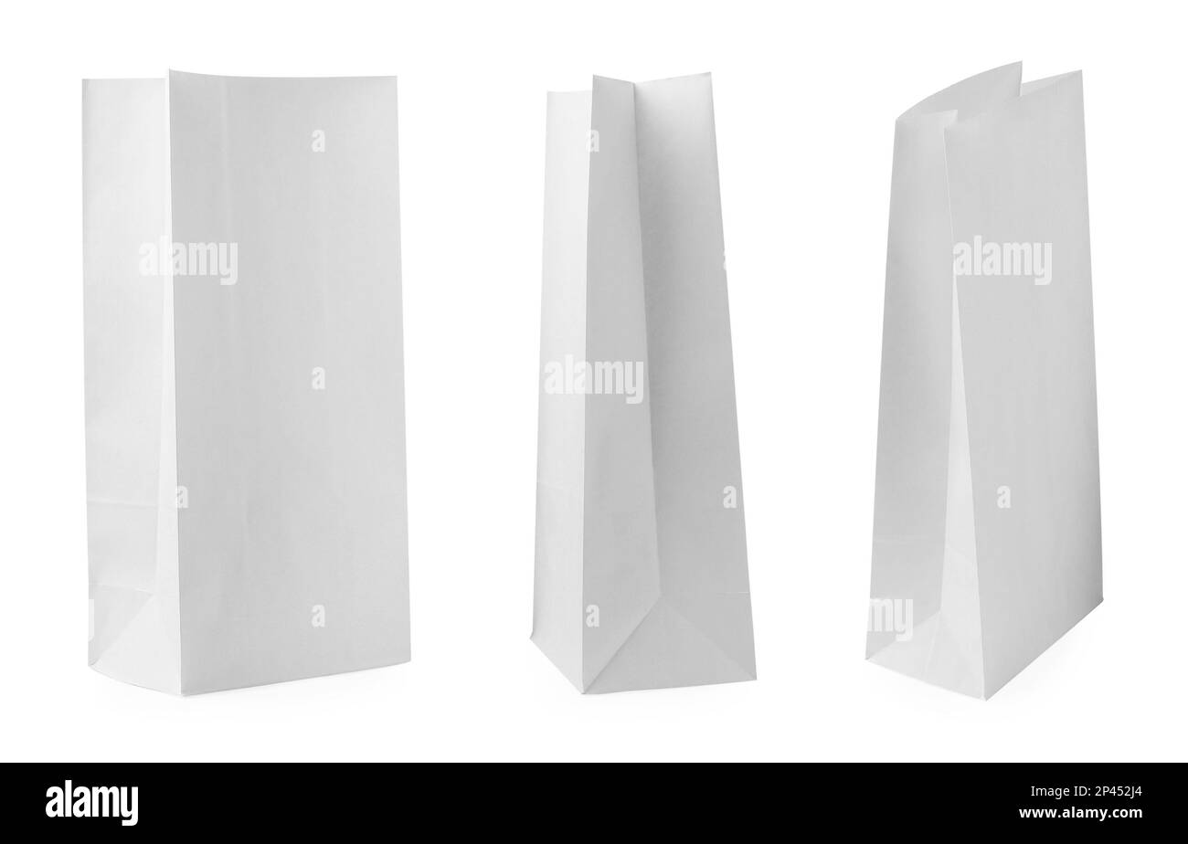 Set with paper bags on white background Stock Photo Alamy