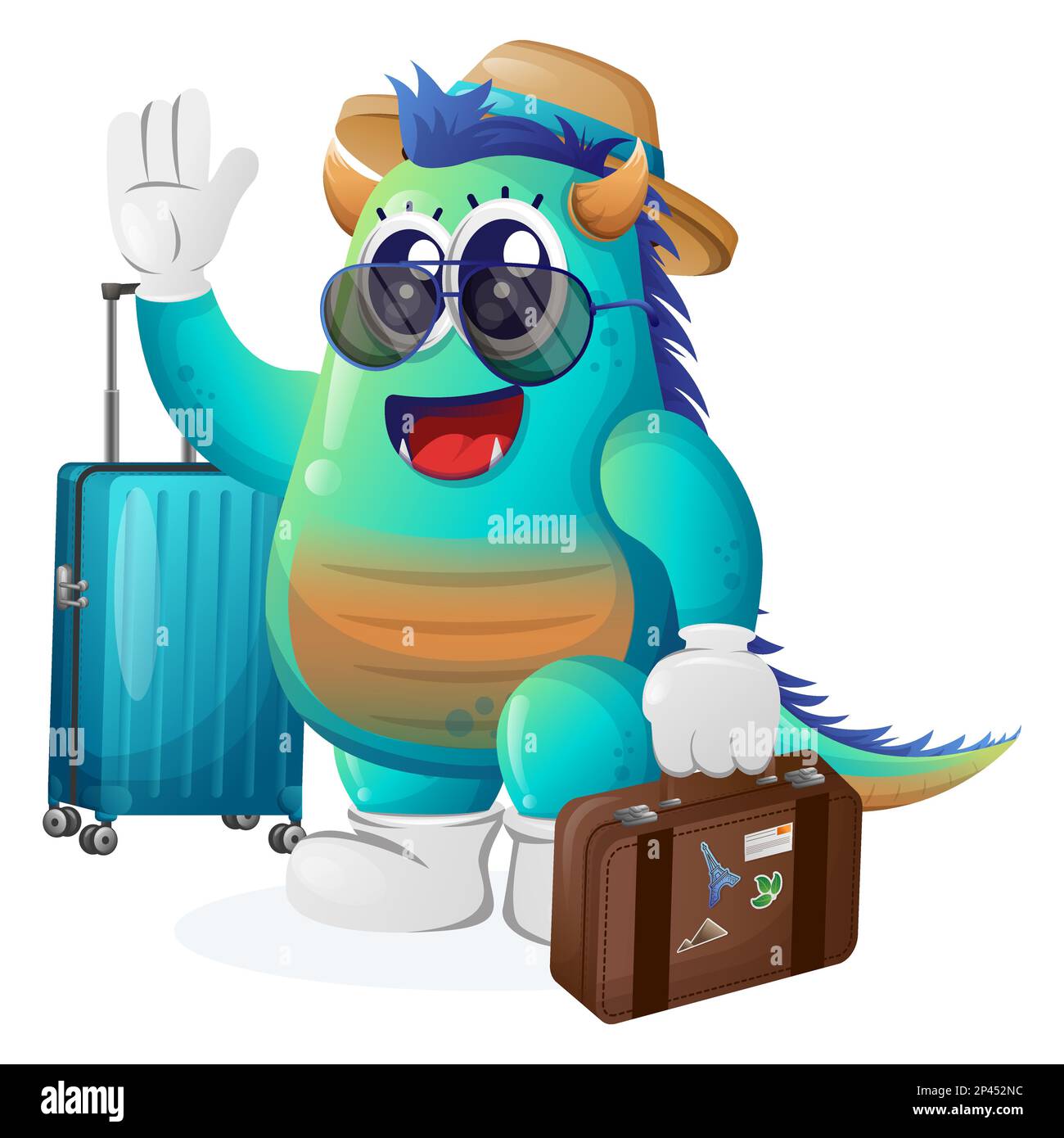 Cute blue monster on vacation carrying a suitcase. Perfect for kids, small business or e-Commerce, merchandise and sticker, banner promotion, blog or Stock Vector