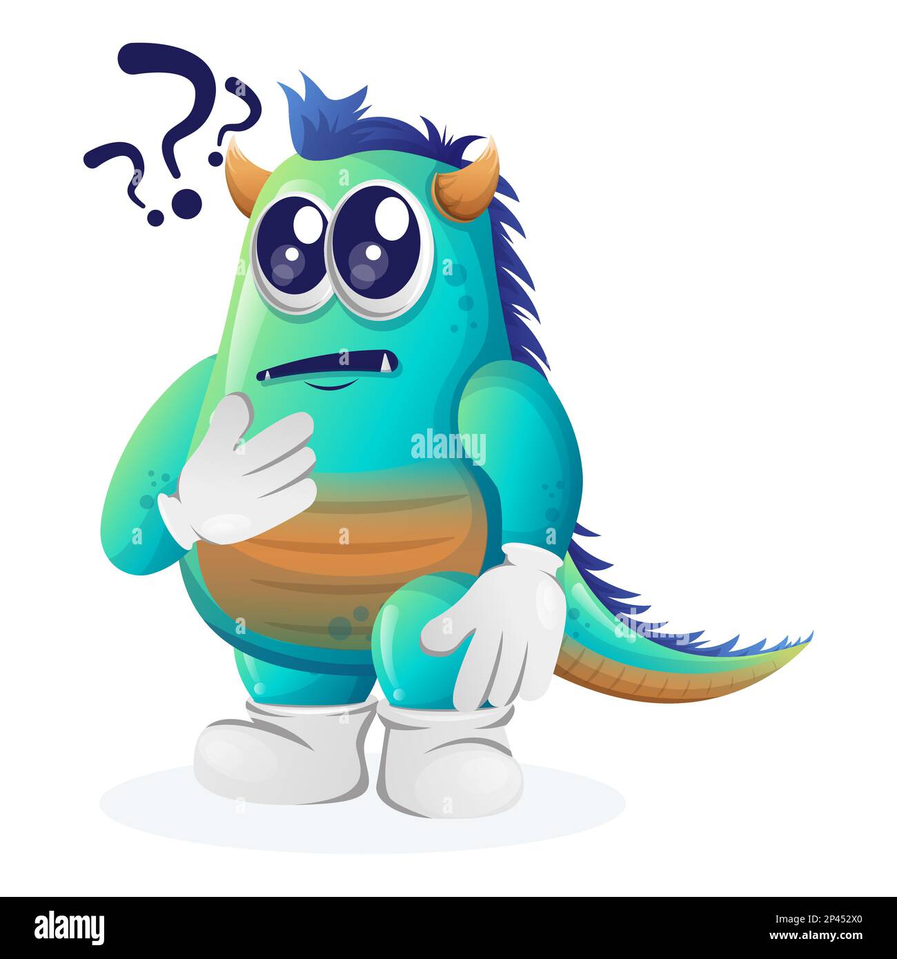 Cute blue monster asking questions. Perfect for kids, small business or e-Commerce, merchandise and sticker, banner promotion, blog or vlog channel Stock Vector