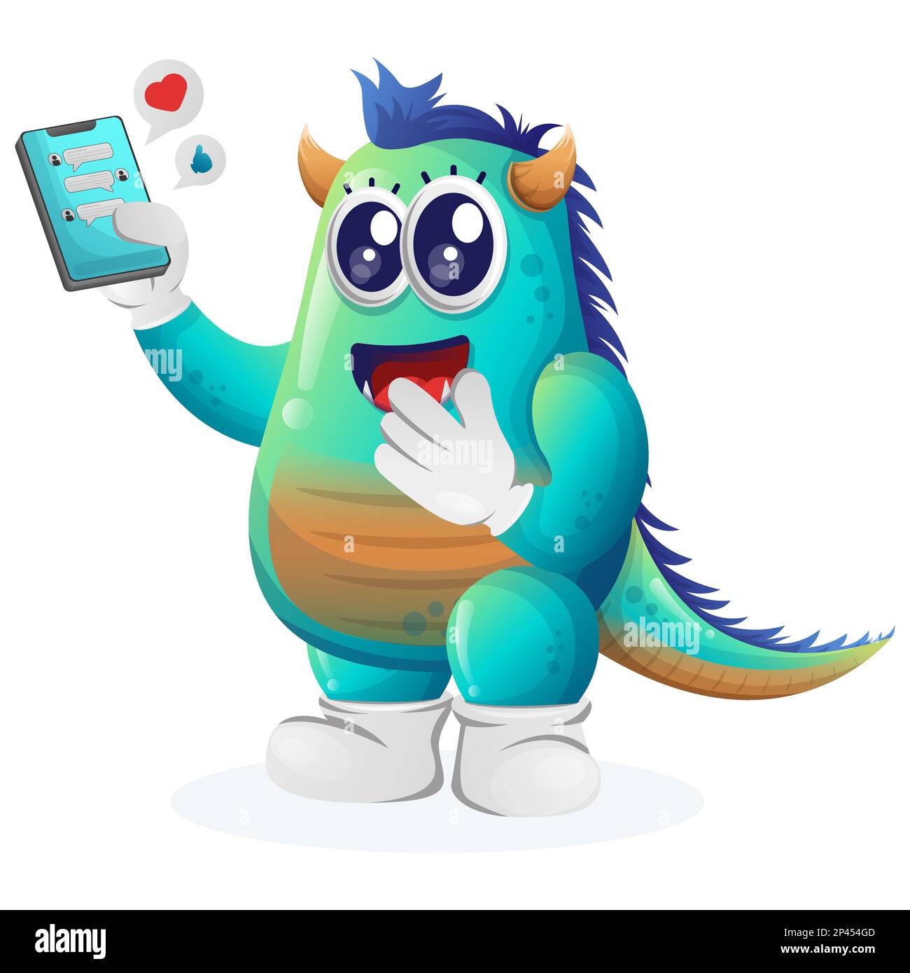 Cute blue monster holding mobile phone with text messages. Perfect for kids, small business or e-Commerce, merchandise and sticker, banner promotion, Stock Vector