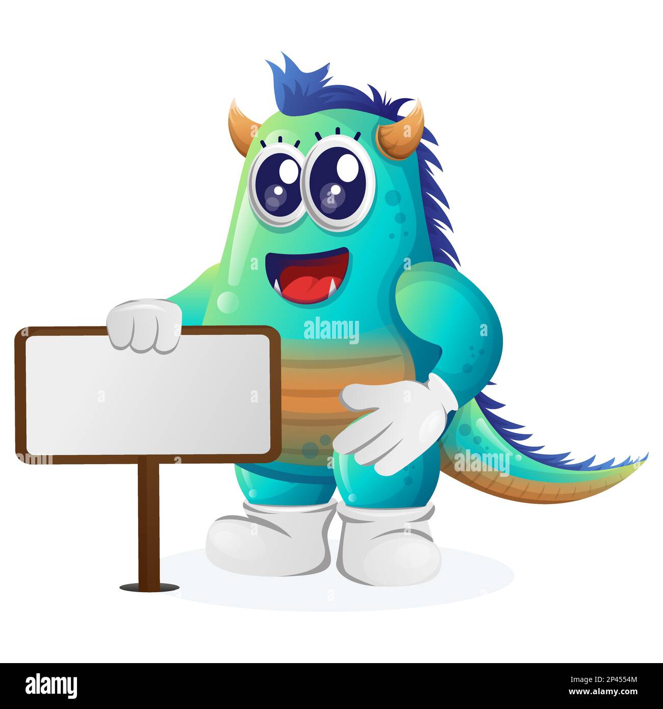 Cute blue monster standing next to a billboard. Perfect for kids, small business or e-Commerce, merchandise and sticker, banner promotion, blog or vlo Stock Vector