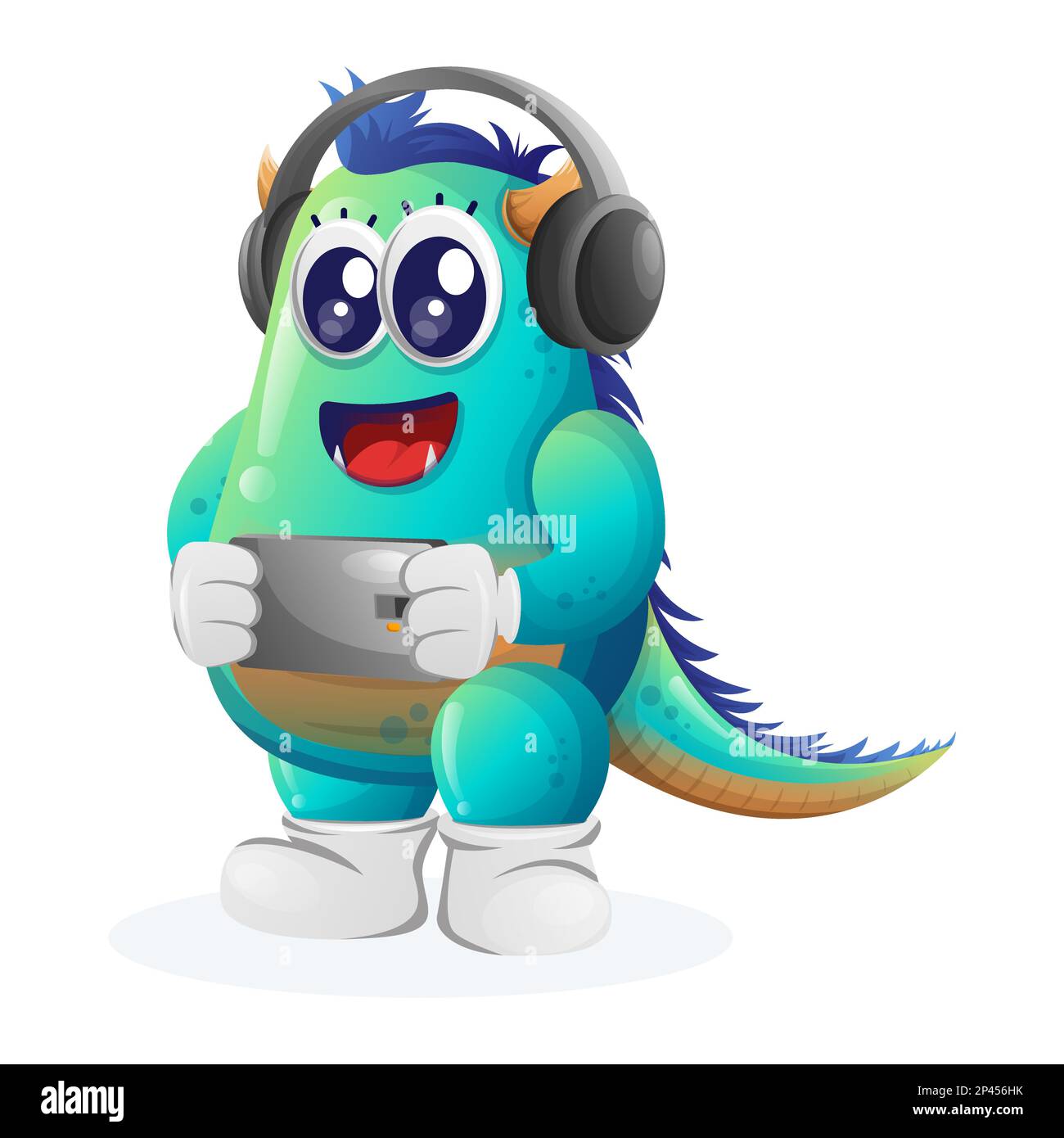 Cute blue monster playing game mobile, wearing headphones. Perfect for kids, small business or e-Commerce, merchandise and sticker, banner promotion, Stock Vector