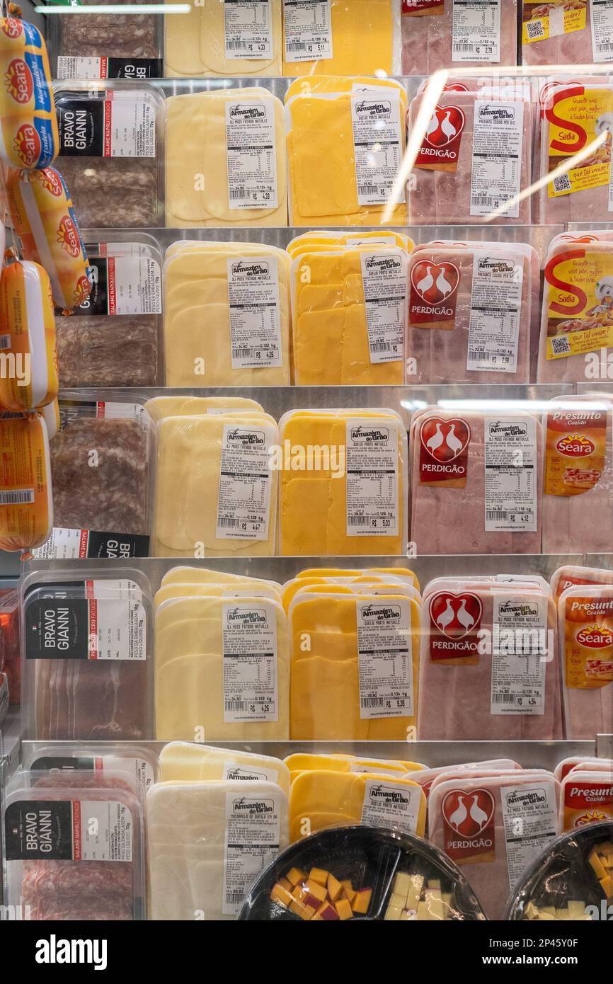 Petropolis, RJ, Brazil. Dec 19, 2022. Cheese, ham and other types of preserved meat for sale at Armazem do Grao, a supermarket Stock Photo