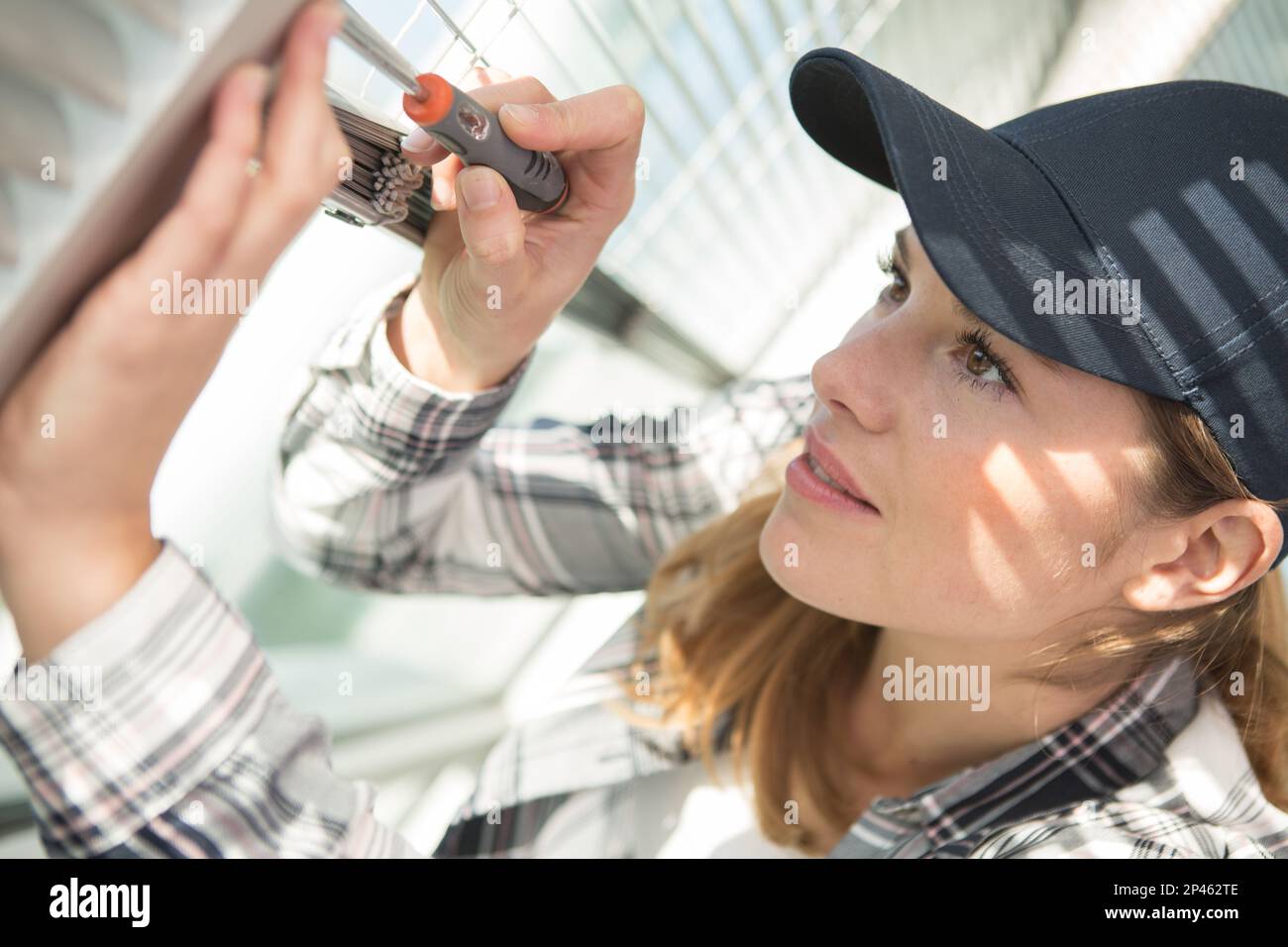 woman installing blinds with screwdriver Stock Photo