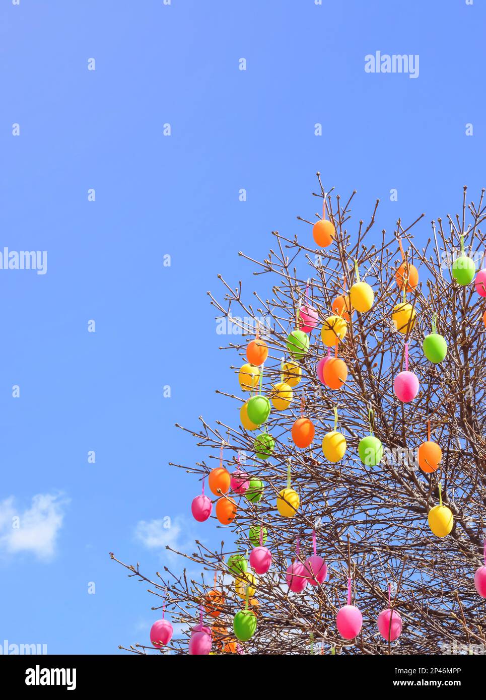 Multi-colored decorative Easter eggs on tree branches against a blue sky in a vertical format Stock Photo