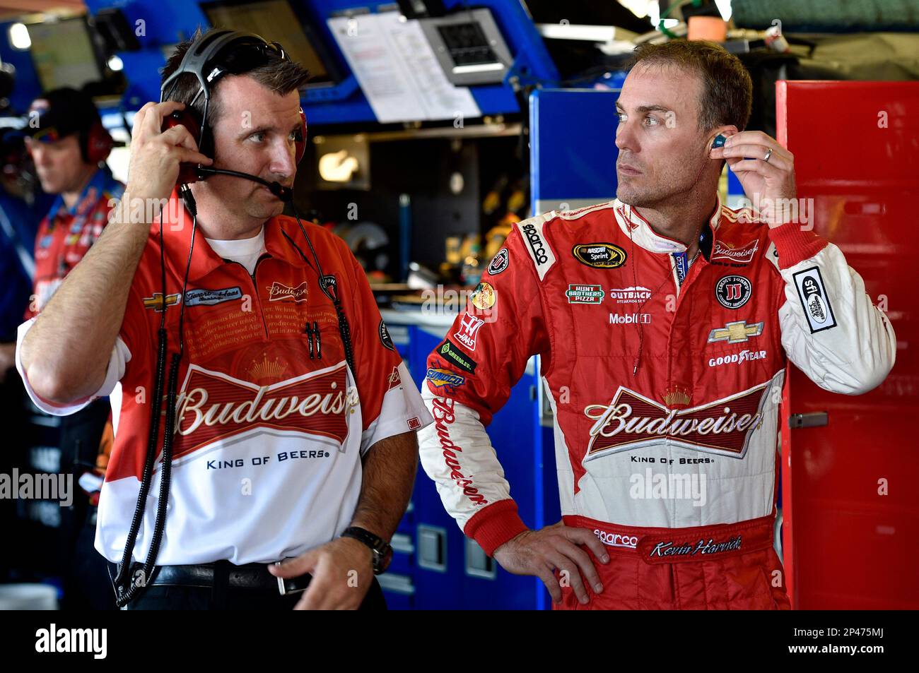 Kevin Harvick and Rodney Childers during practice for the NASCAR Sprint