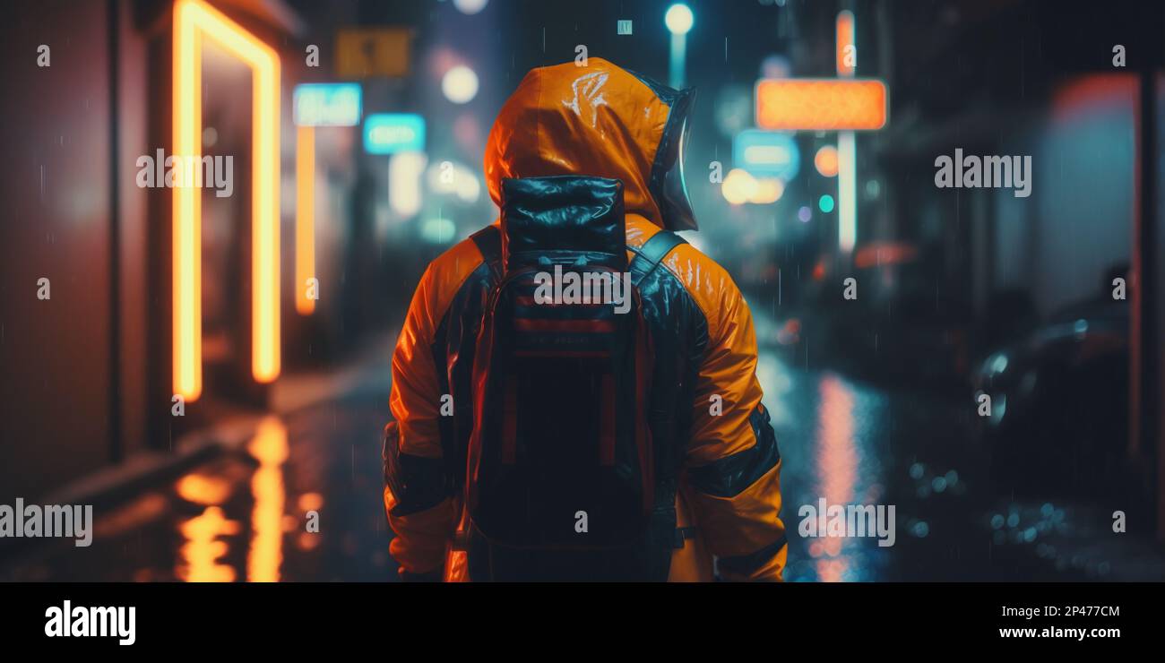 Image AI. Back view of a man wearing NBQ suit walking alone on city street at night Stock Photo
