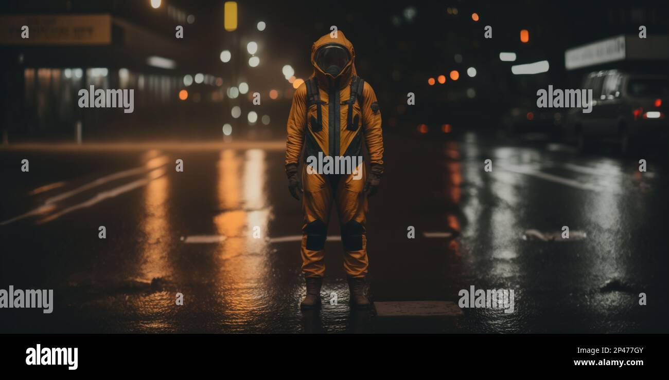 Image AI. Bck view of a man wearing NBQ suit walking alone on city street at night Stock Photo