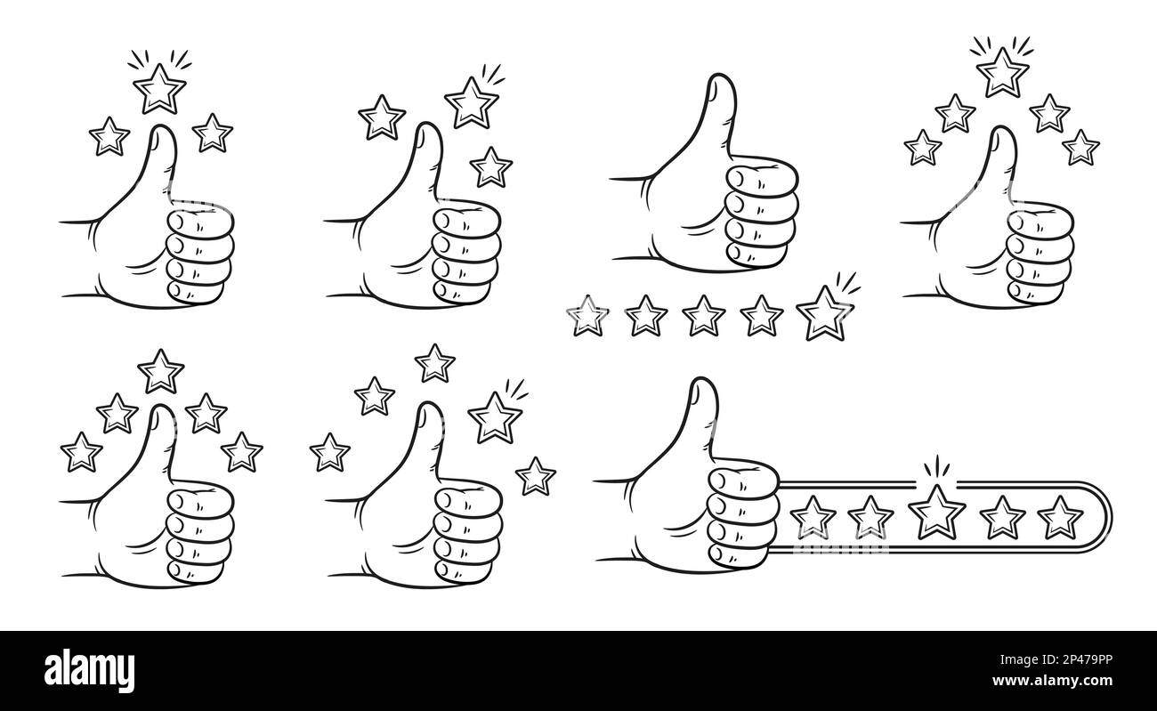 Hand thumb up with stars like rating, customer feedback, reputation, good client review line icon. Internet vote. Recommend, quality ranking. Vector Stock Vector