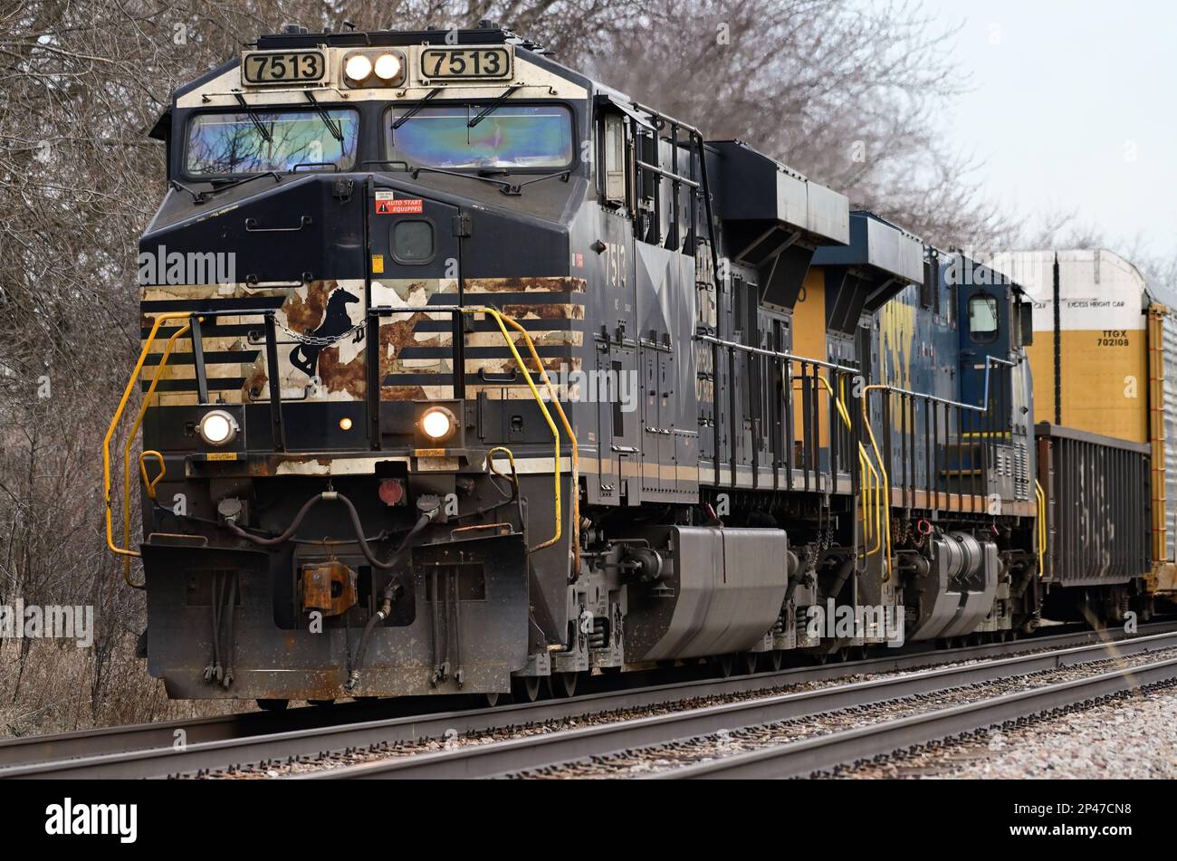 Bartlett, Illinois, USA. A run-through Norfolk Southern Railway locomotive leads a Canadian Pacific Railway freight train through suburban Chicago. Stock Photo