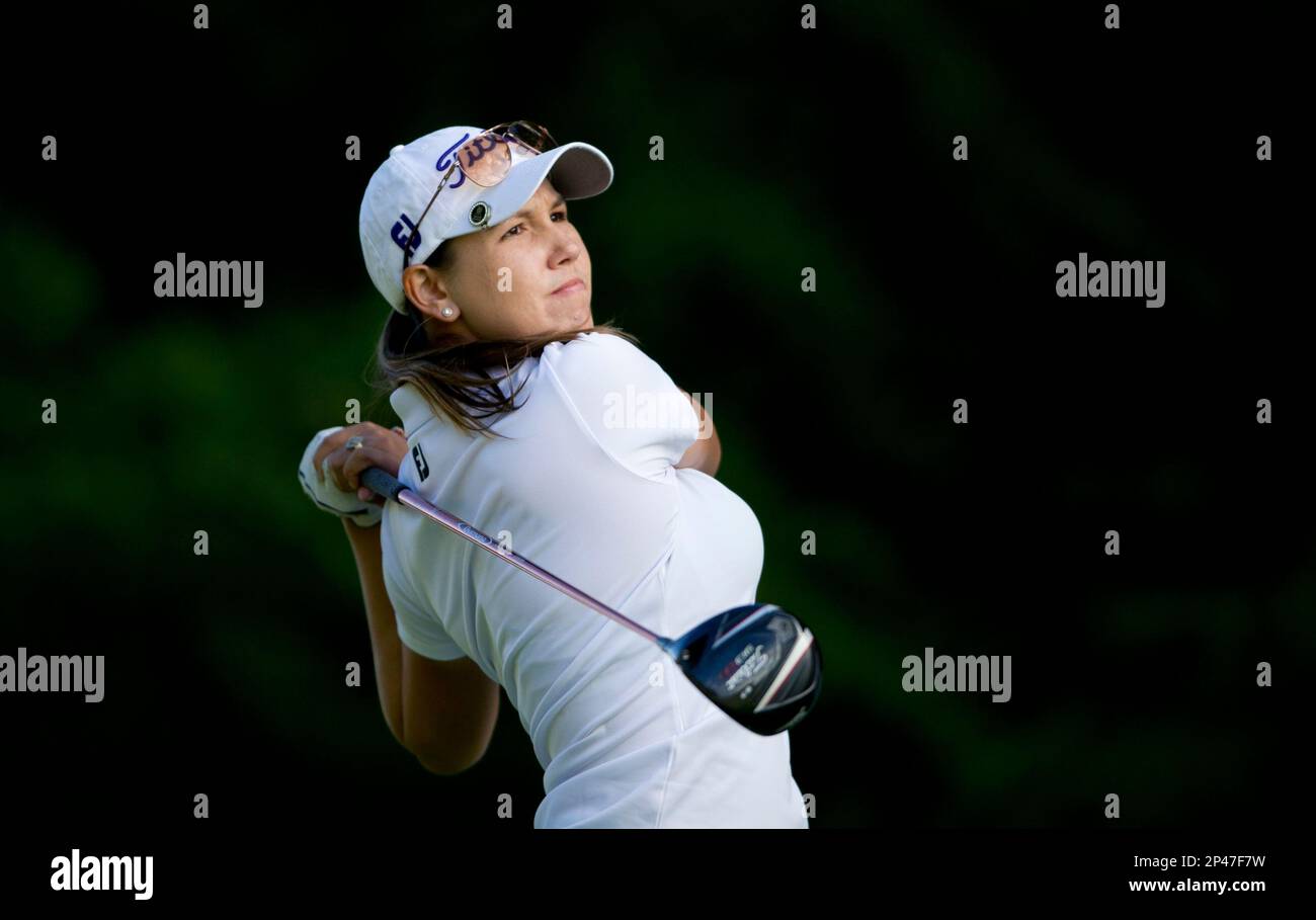 Whitney watches her tee shot during the first round of the Helsingborg at