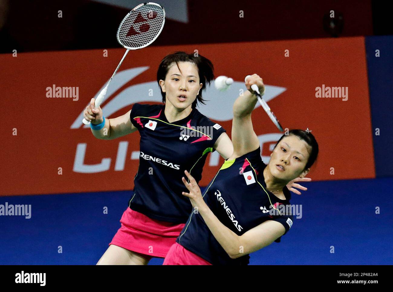 Japan's Reika Kakiiwa, right, and Miyuki Maeda return a shot to China's  Wang Xiaoli and Yu Yang during their semifinal-match against at the World  Badminton Championships at Ballerup Arena, Denmark, Saturday, Aug.
