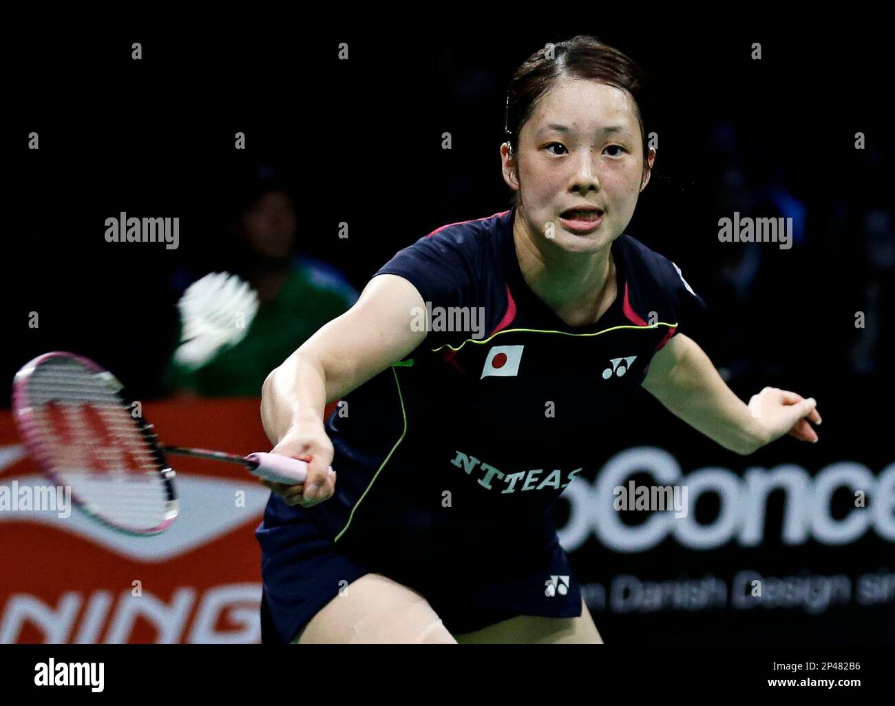 Japan's Minatsu Mitani returns a shot to China's Li Xuerui during their  semifinal-match at the World Badminton Championships at Ballerup Arena,  Denmark, Saturday, Aug. 30, 2014. (AP Photo/Jens Dresling, POLFOTO) DENMARK  OUT