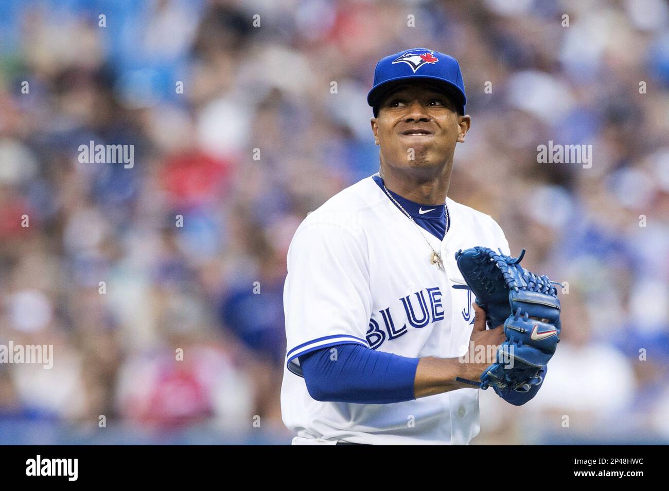 Toronto Blue Jays Marcus Stroman reacts as he heads back to the