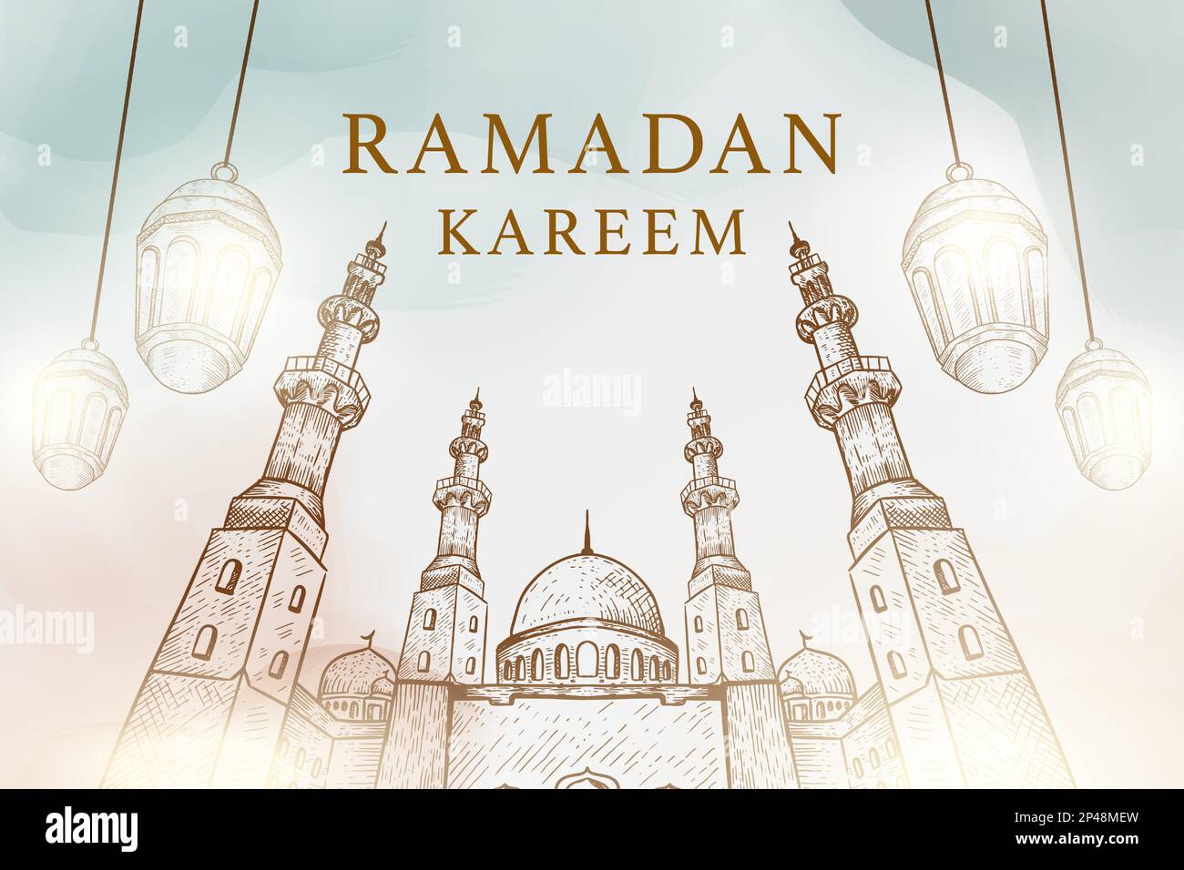 hand drawn ramadan kareem background illustration with mosque and lanterns Stock Vector