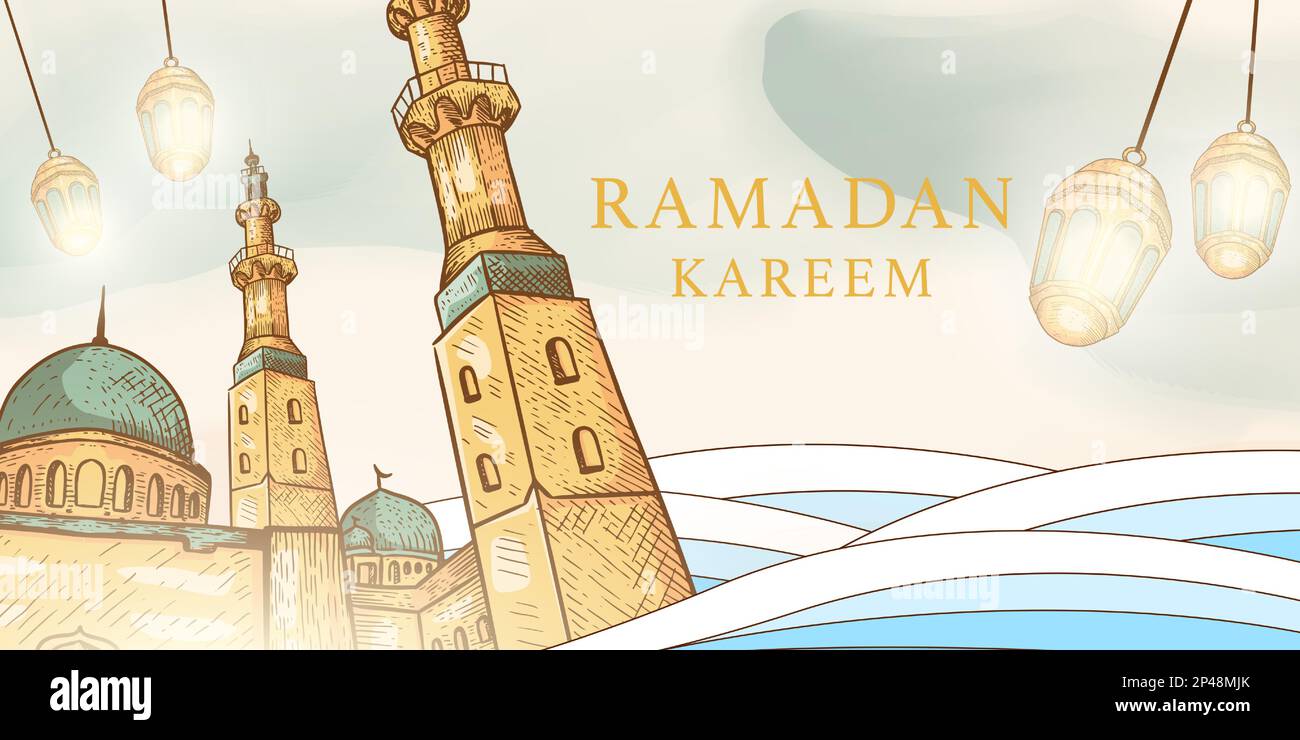 hand drawn vector design ramadan kareem horizontal banner with mosque ...