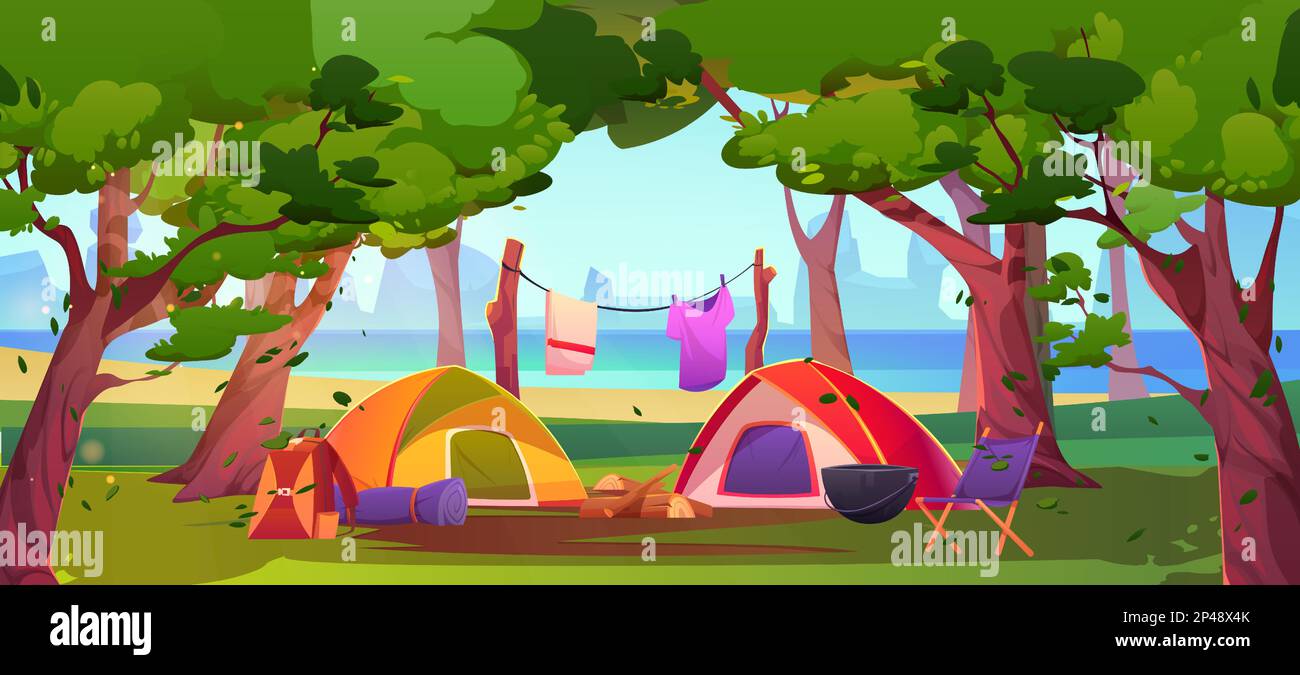 Summer camp in forest with tents and campfire. Nature landscape with trees, lake, mountains and campsite on beach with bonfire, tents, chair and backpack, vector cartoon illustration Stock Vector