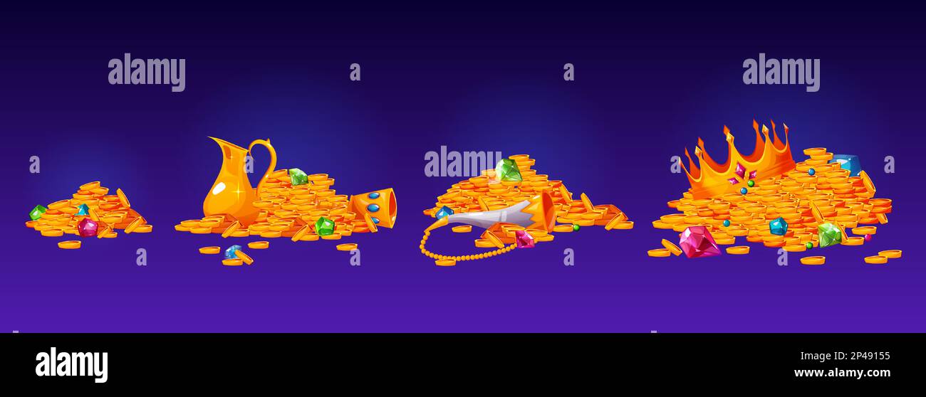 Pirate treasure pile set with coin and gem vector. Cartoon antique game ...