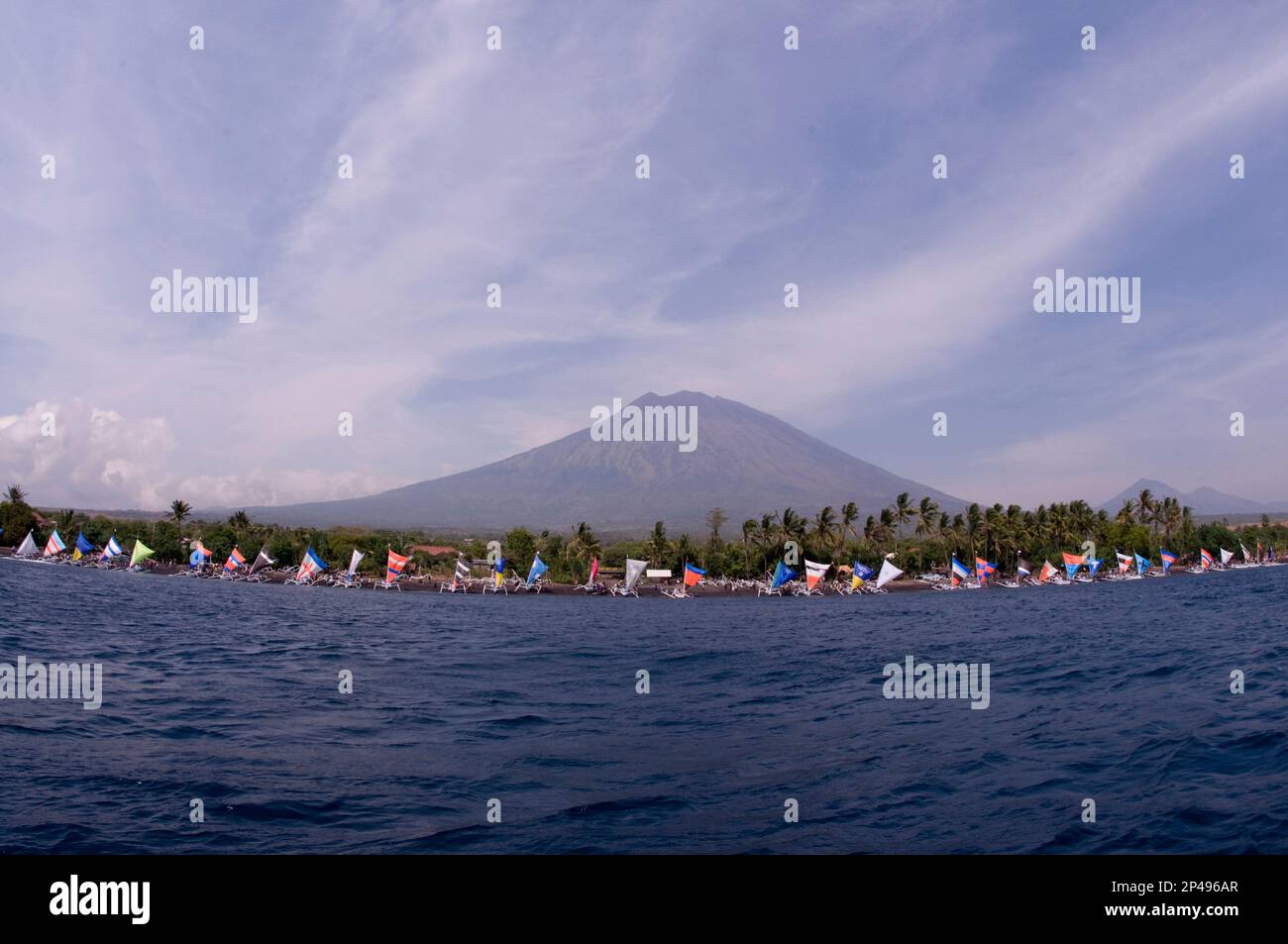 Boats on beach with colorful sails prior to Jukung Race, Tulamben, Bali, Indonesia Stock Photo