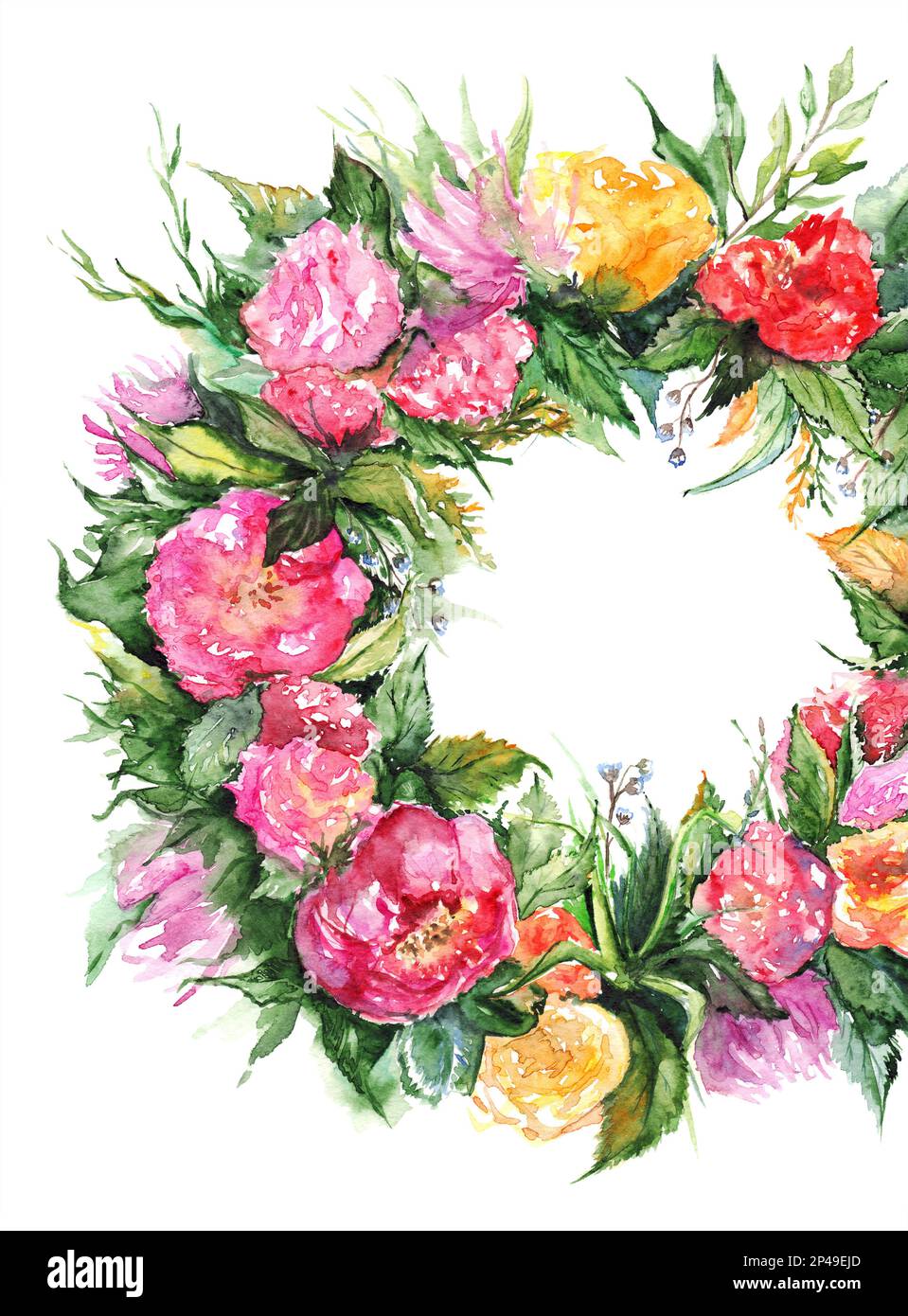 Watercolor flower floral romantic wreath frame illustration Stock Photo ...