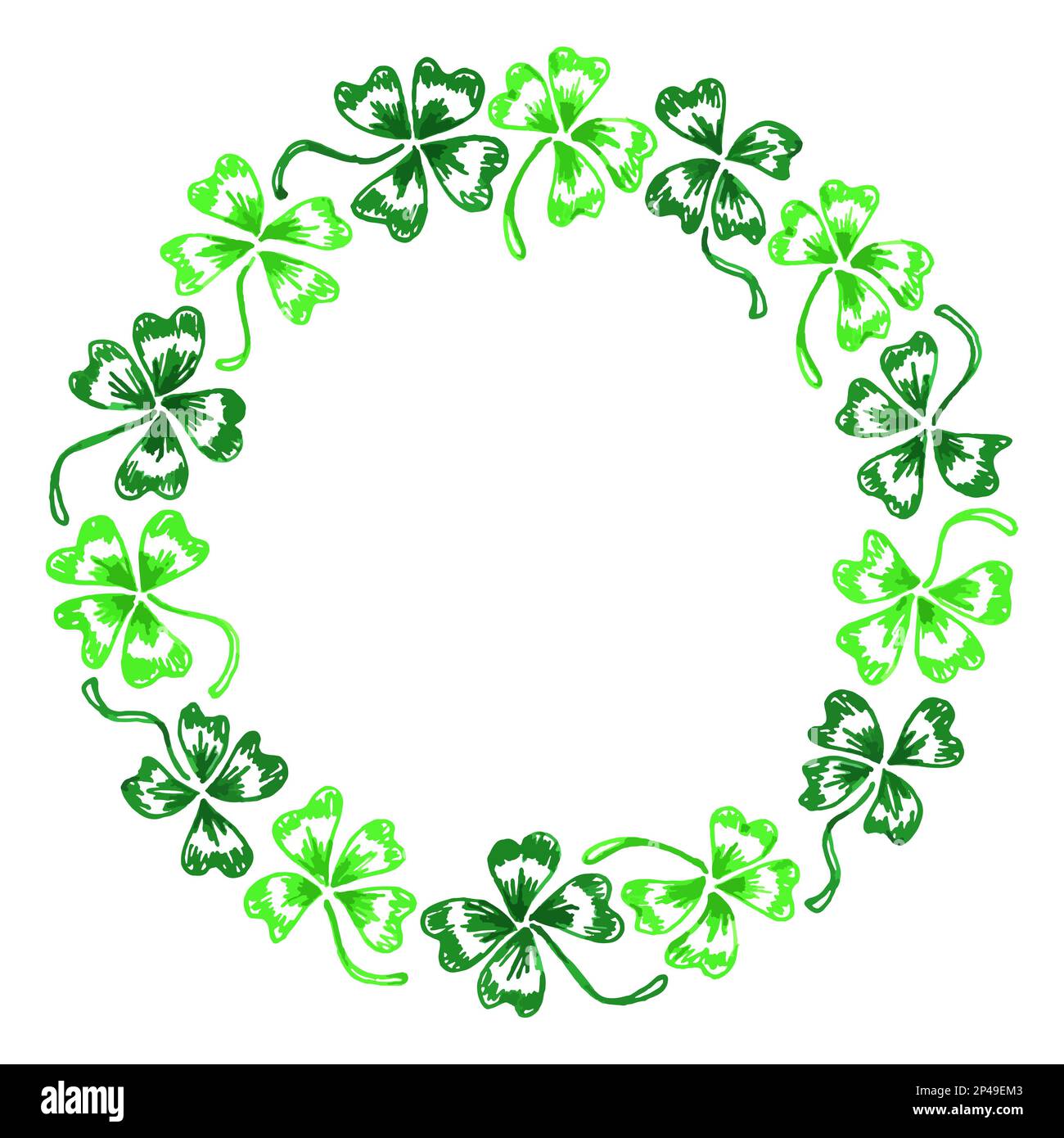 Doodle green clover shamrock circle wreath vector line art isolated
