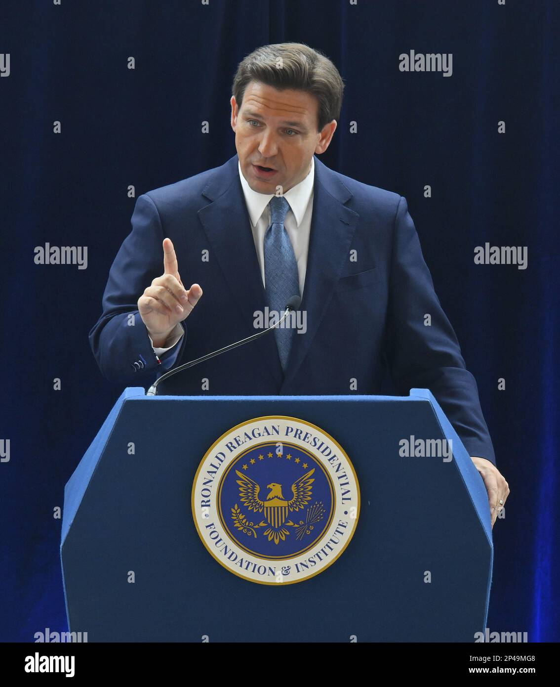 Simi Valley, California, USA. 05th Mar, 2023. Florida Gov. Ron DeSantis addresses attendees at the Ronald Reagan Presidential Library in Simi Valley, California on Sunday, March 5, 2023. As he moves toward entering the 2024 presidential race, DeSantis made a pilgrimage to the library, where the Republican accused leaders in blue states such as California of being 'lockdown politicians' and charged that the nation's coronavirus crisis created 'a great test in governing philosophies. Credit: UPI/Alamy Live News Stock Photo