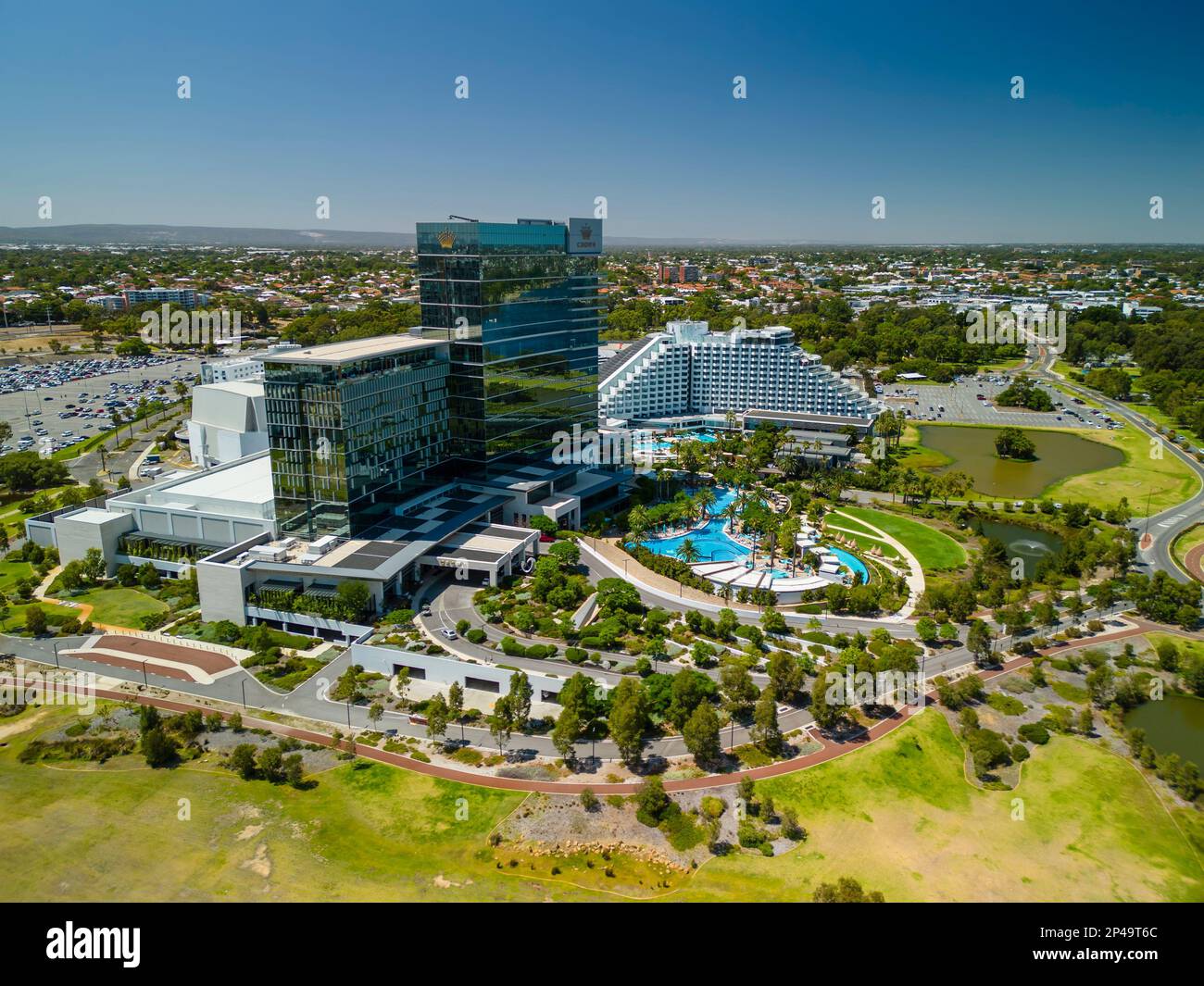 Perth, Australia - Feb 1, 2023: Aerial view of Crown Perth, a resort and casino in Western Australia Stock Photo